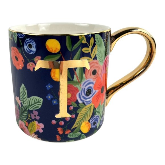 Anthropologie Mug "T" Initial Rifle Paper Company Blue & Gold - Picture 6 of 6